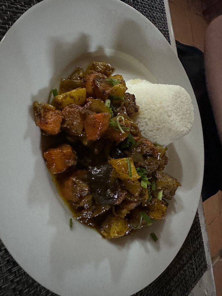 A plate of vegetable and meat curry with rice in Saint-Louis.