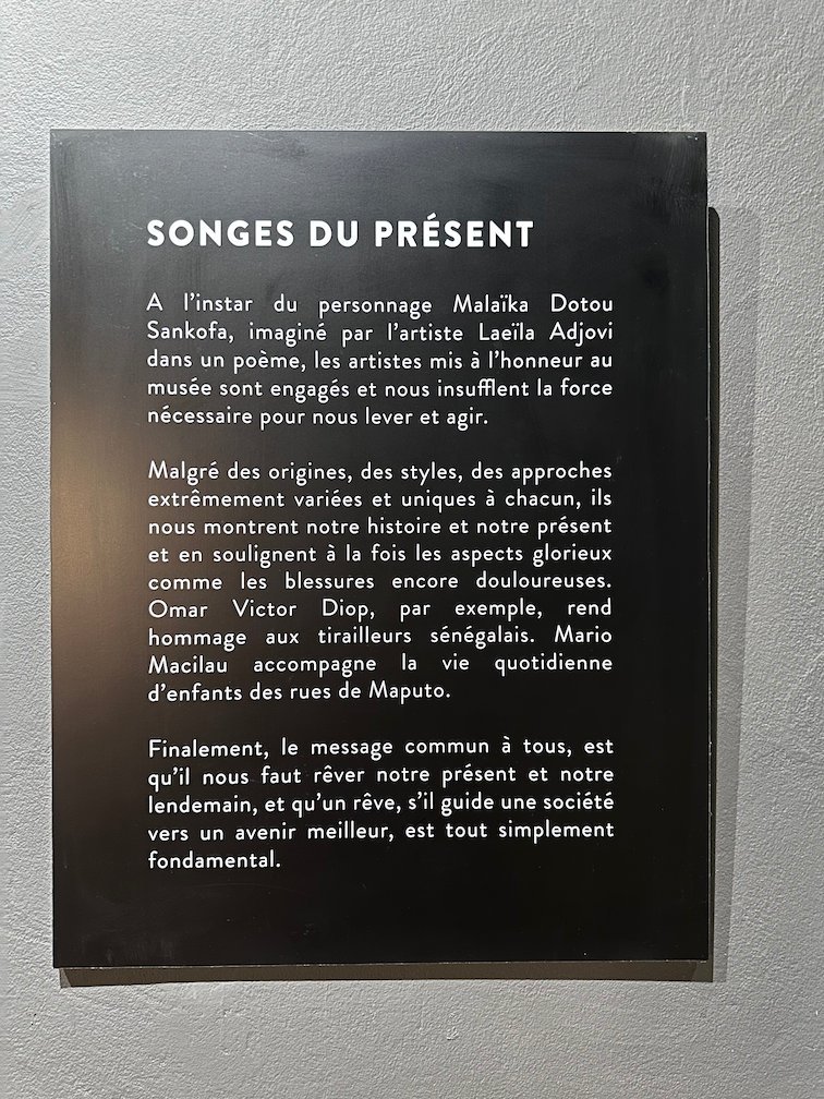 A black panel with the title Songes du present hangs in a museum.