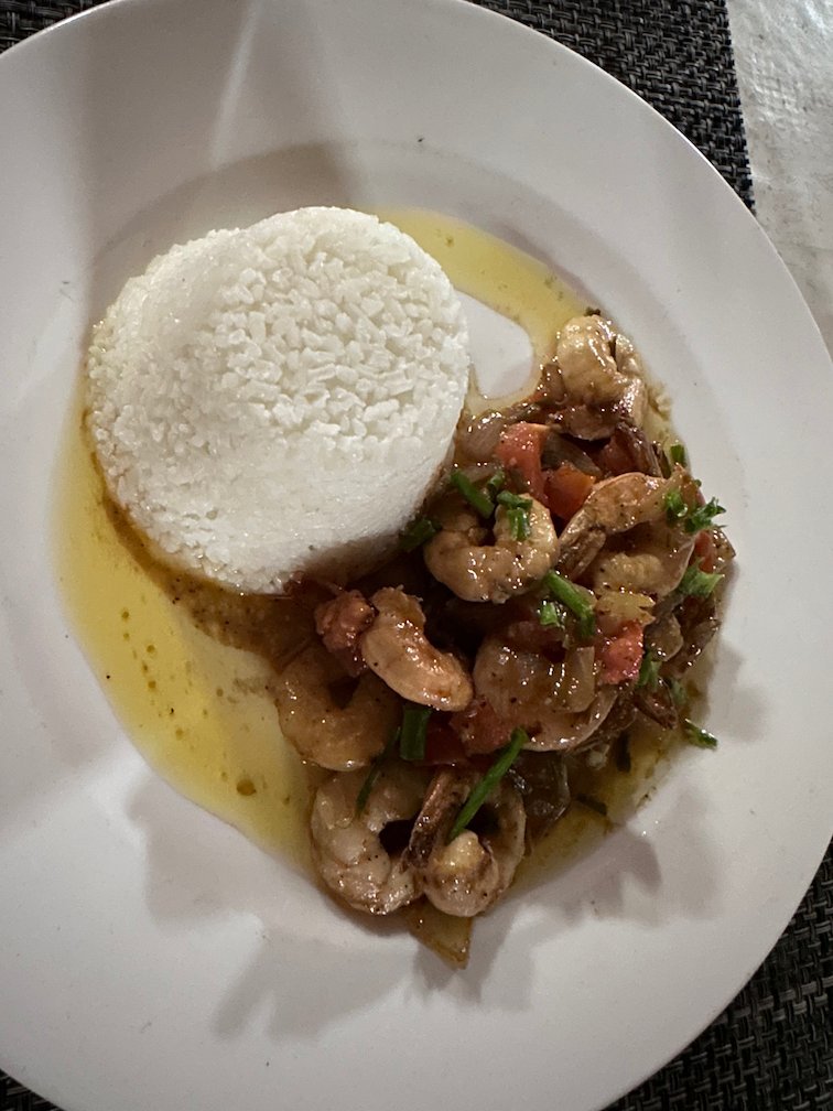 A plate of shrimp in sauce with rice in Saint-Louis.
