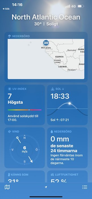 A phone weather app shows sun and wind data on the North Atlantic coast.