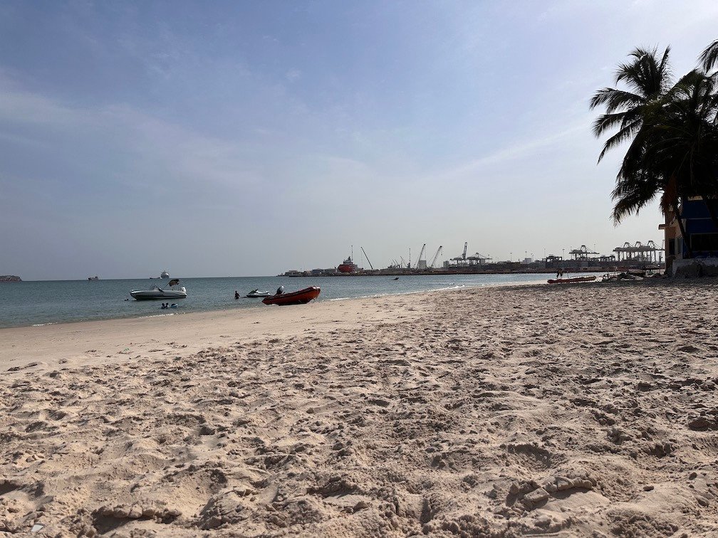 A sandy beach with a palm tree and boats on the sea.