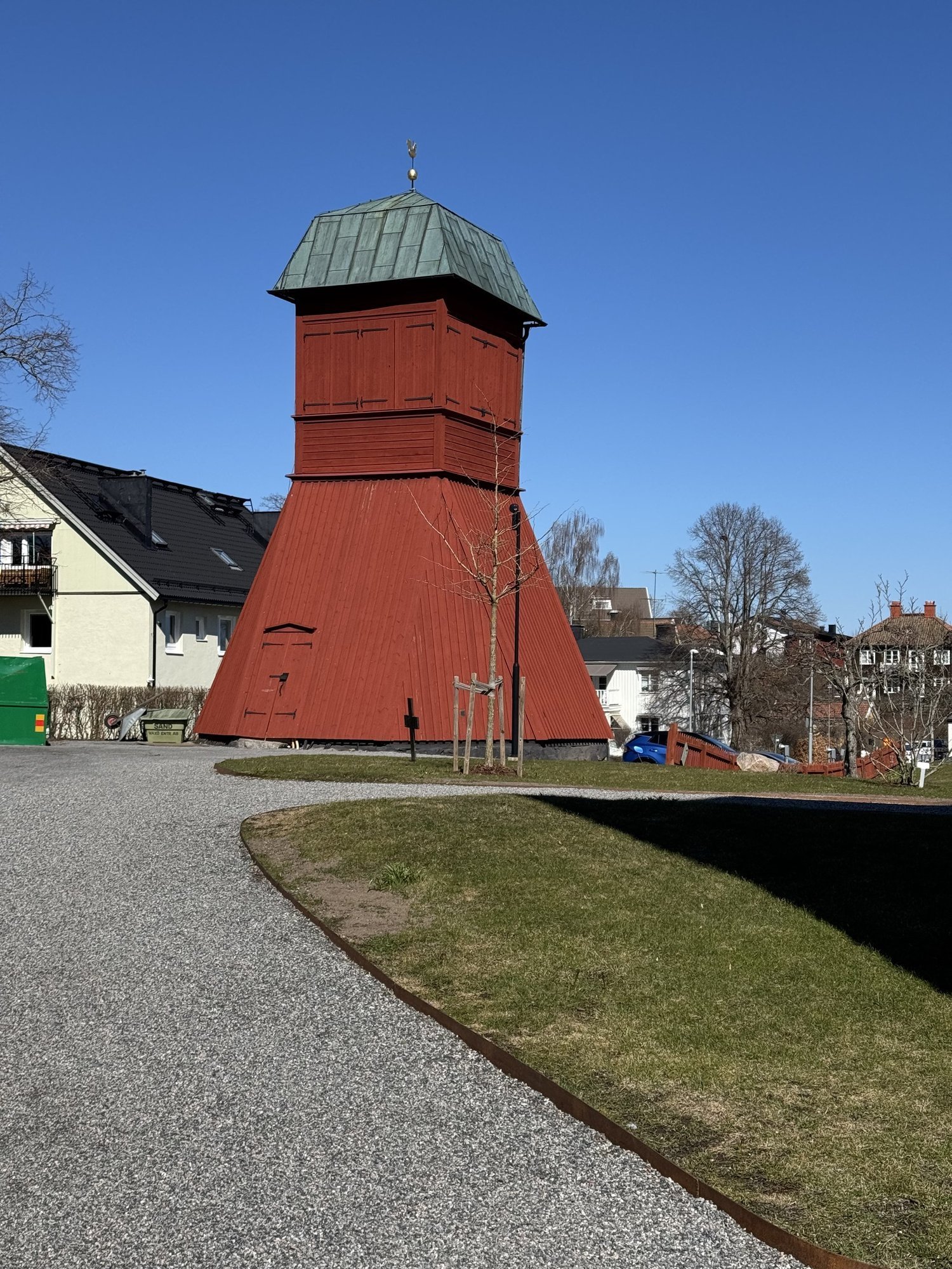 Red wooden bell tower at Skansen open-air museum on Djurgården, Stockholm