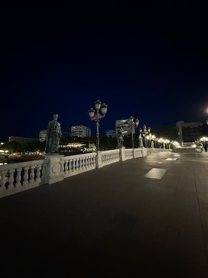 Statues and lamps line a pedestrian bridge at night in Skopje.