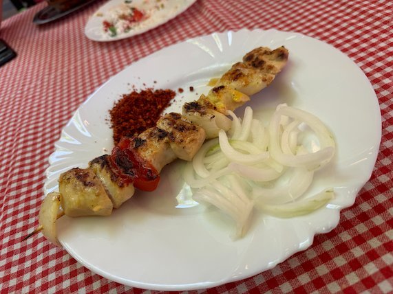 A grilled chicken skewer with onions and red pepper sits on a plate in Skopje.