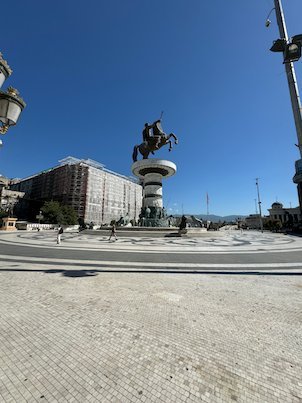 The Warrior on a Horse stands in the middle of Macedonia Square in Skopje.