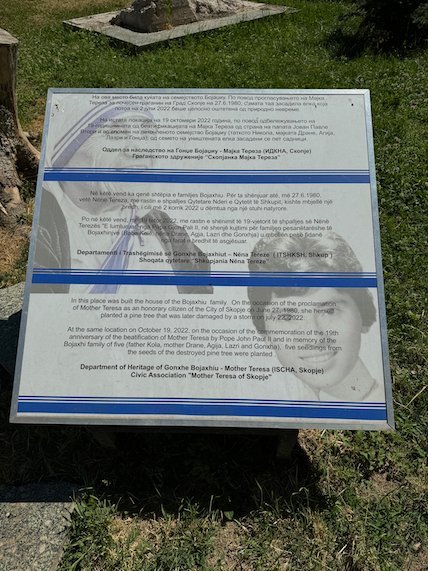An information board tells the story of Mother Teresa in Skopje.