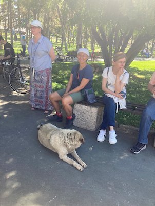 A group of travelers rests on a bench in a park with a stray dog in Skopje.