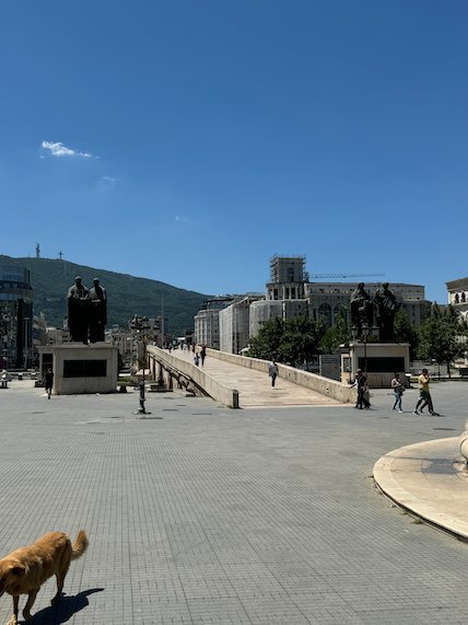A stray dog walks across a wide square with statues near the Stone Bridge in Skopje.