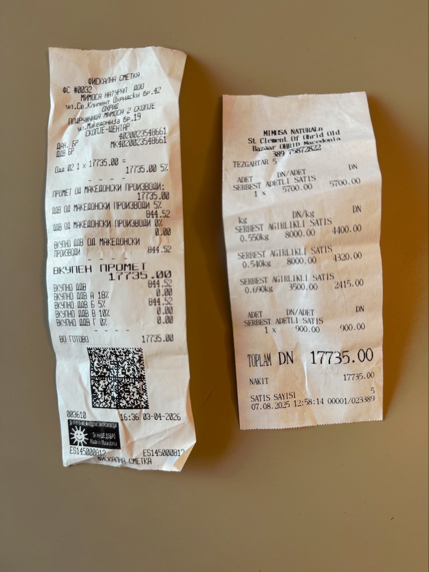 Two shop receipts from Skopje show a total of 17,735 MKD for tea and rose oil.
