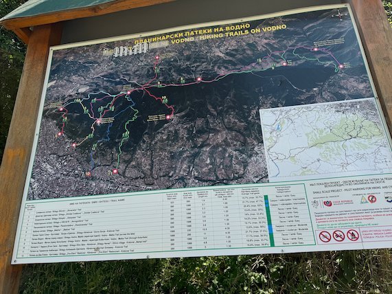 A map board shows the hiking trails on Mount Vodno near Skopje.