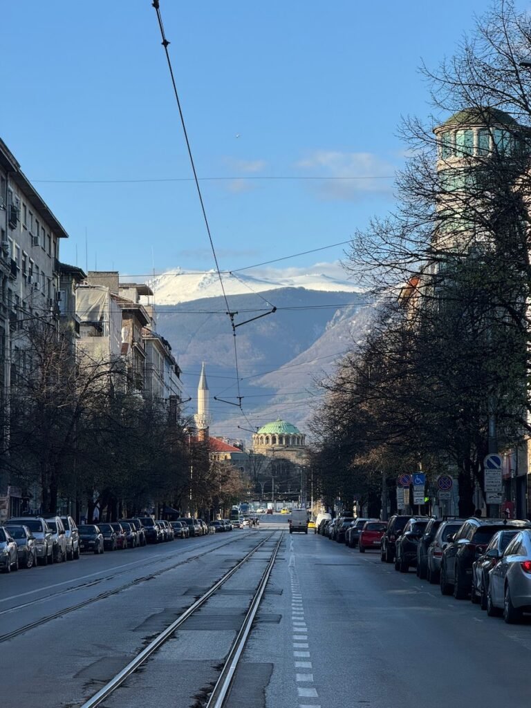 A wide boulevard with tram tracks leads to a golden dome and snowy Vitosha Mountain in Sofia.