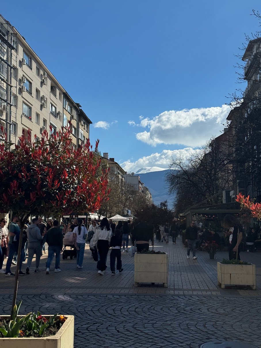 People walk along Vitosha Boulevard, a busy pedestrian street with trees and cafes in Sofia.