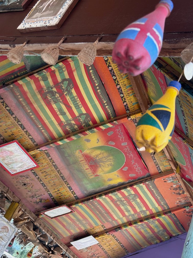 A painted ceiling with bright colors decorates a beach bar in Somone.