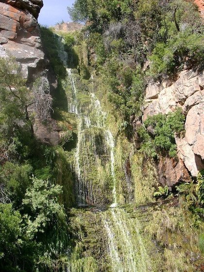 A thin waterfall runs down a green rocky gorge on the overland route north of Cape Town.