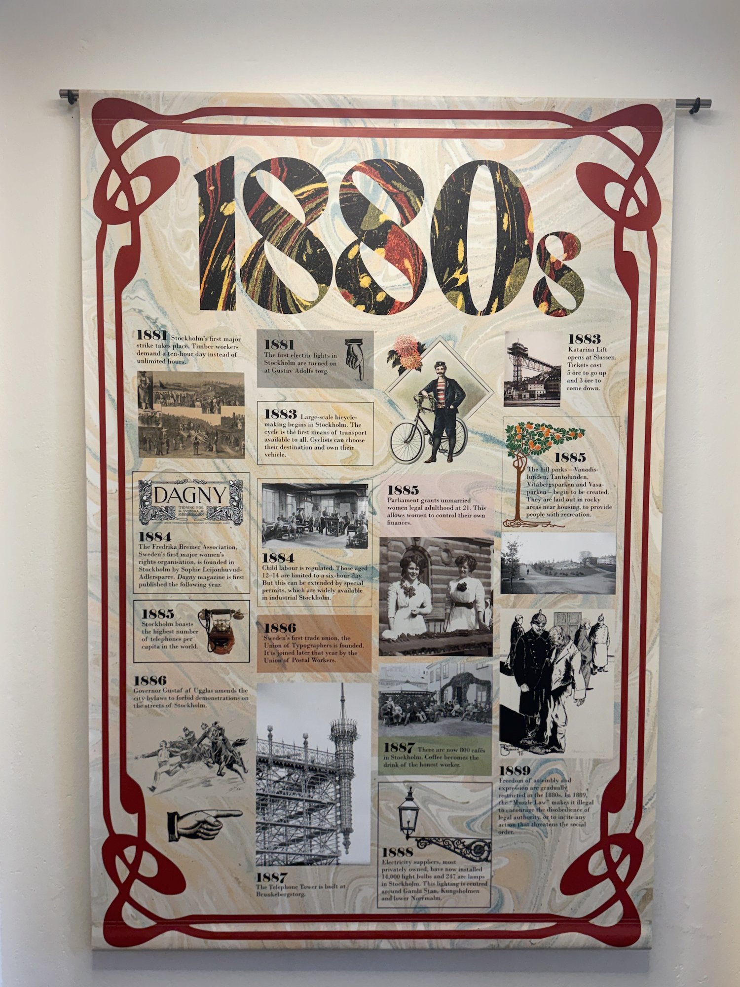 Banner about Stockholm in the 1880s at Stockholm City Museum, with old photos and short texts for each year