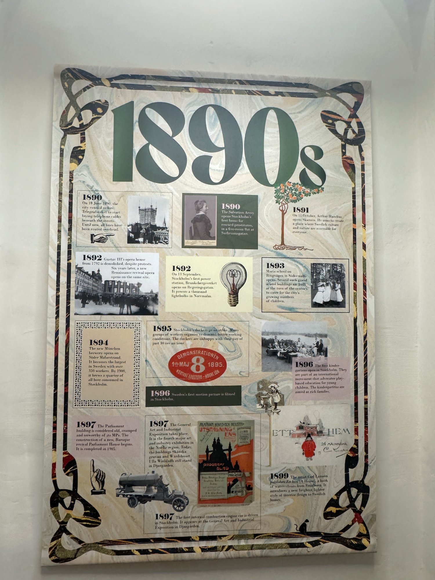 Banner about Stockholm in the 1890s at Stockholm City Museum, with old photos and short texts for each year