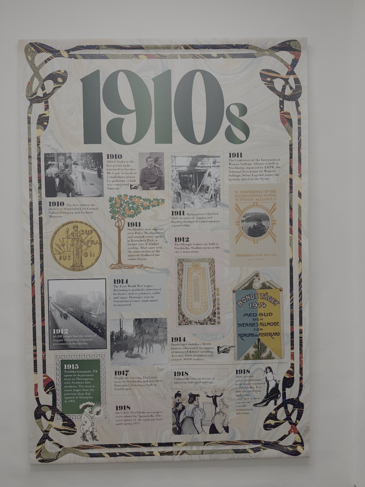 Banner about Stockholm in the 1910s at Stockholm City Museum, with old photos and short texts for each year