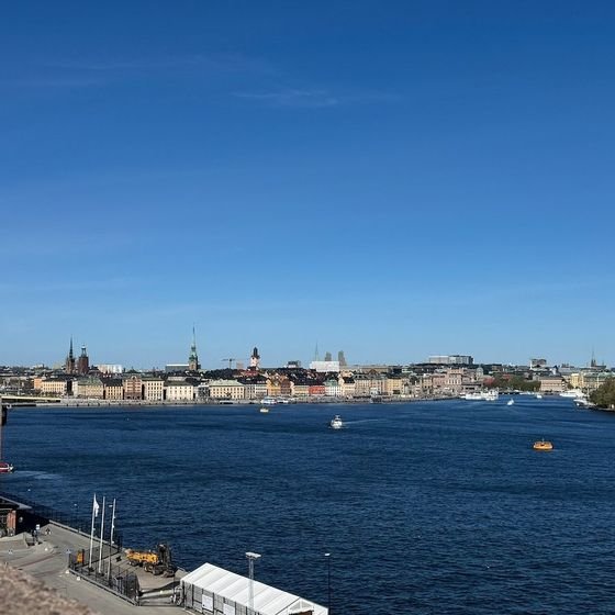 A wide panorama of Stockholm's harbour and rooftops seen from the Fjällgatan viewpoint, photographed by Zayera Khan