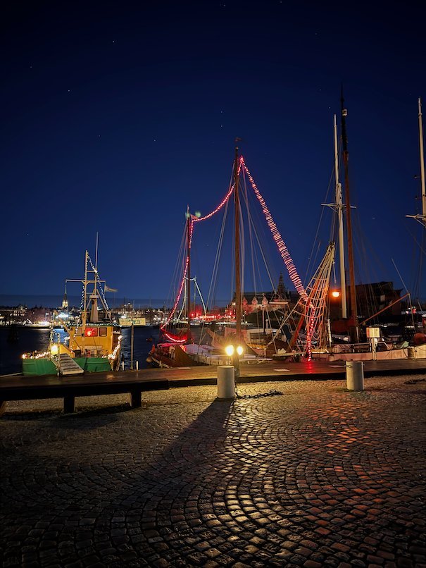 Old sailing ships with strings of red lights on their masts, moored by a cobbled quay at night