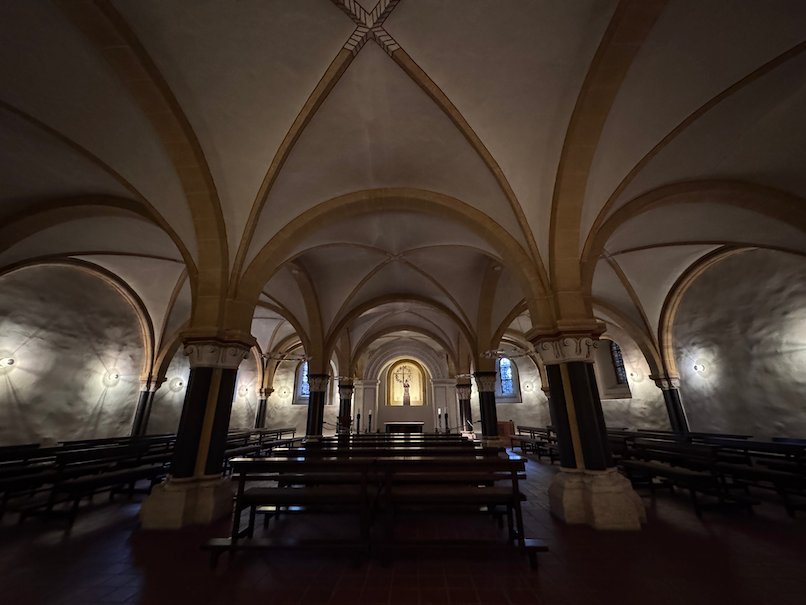Low vaults and pews fill the crypt under Trier Cathedral.