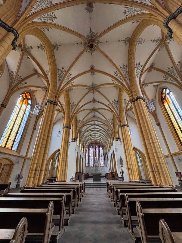 A church nave with yellow ribbed vaults and wooden pews in Trier.