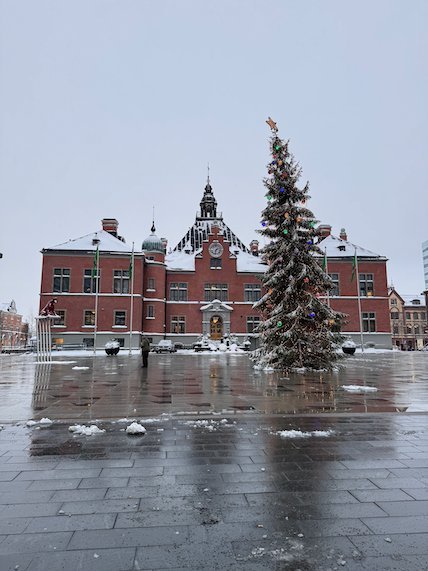 Red brick city hall in Umeå with a tall Christmas tree in front, on a wet winter square