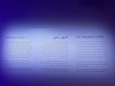 Exhibition wall text The incense route, in Swedish, Arabic and English, in blue light
