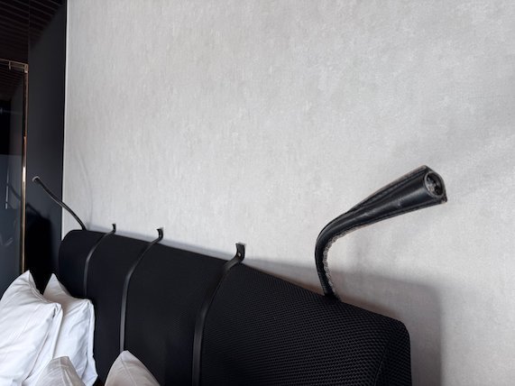 Black headboard with a black reading lamp and white pillows