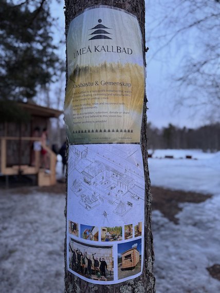 Poster for Umeå Kallbad on a pine trunk, with a sauna in the background