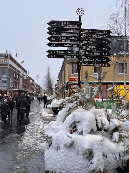 Signpost with distances to sights in Umeå, above snow-covered bushes on a pedestrian street