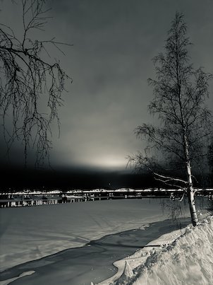 Black and white view of the Ume River at night, with mist, snow and a bare birch