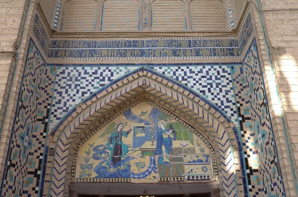 Tiled entrance with figures above the door of Vank Cathedral