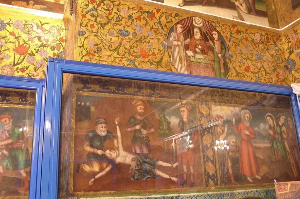 Wall painting with saints in a blue frame in Vank Cathedral