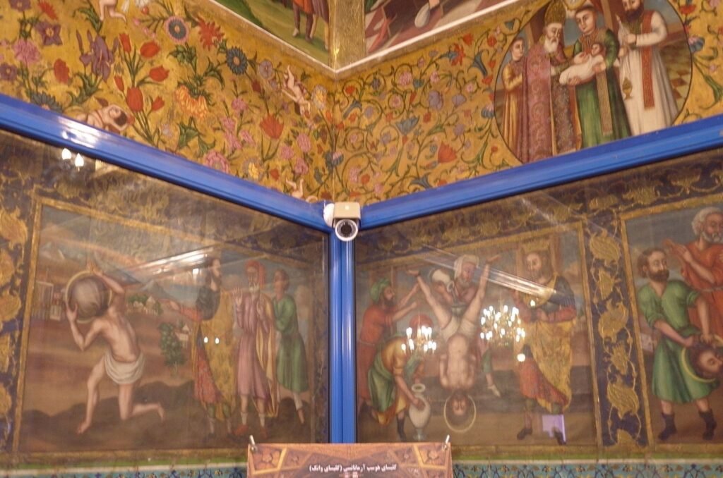 Corner with wall paintings in blue frames in Vank Cathedral