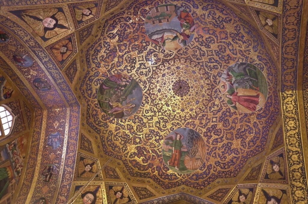 Painted ceiling with angels and gold patterns in Vank Cathedral