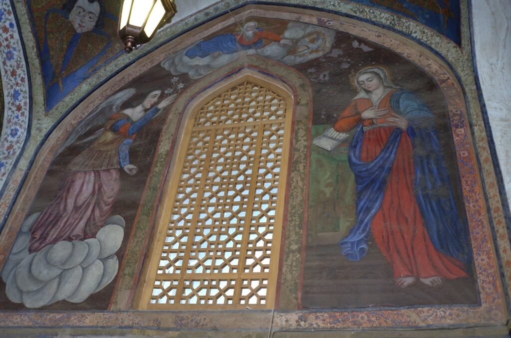 Wall painting of the Annunciation around a window in Vank Cathedral