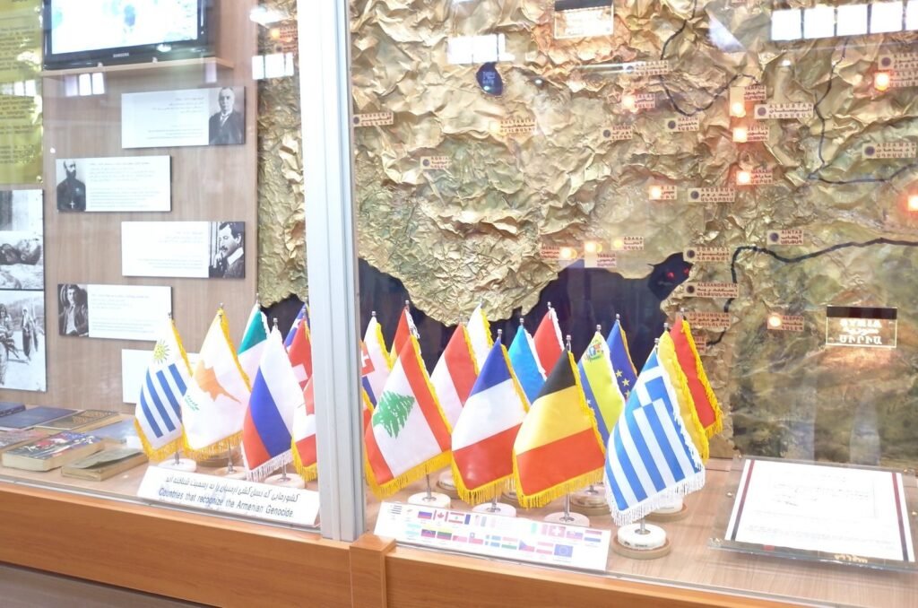 Display with flags and a map in the museum of Vank Cathedral
