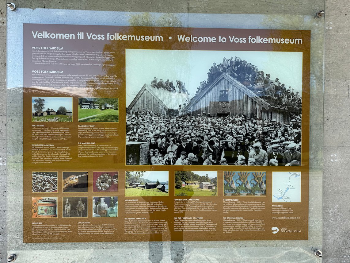 Welcome sign of Voss Folkemuseum with photos and text in Norwegian and English