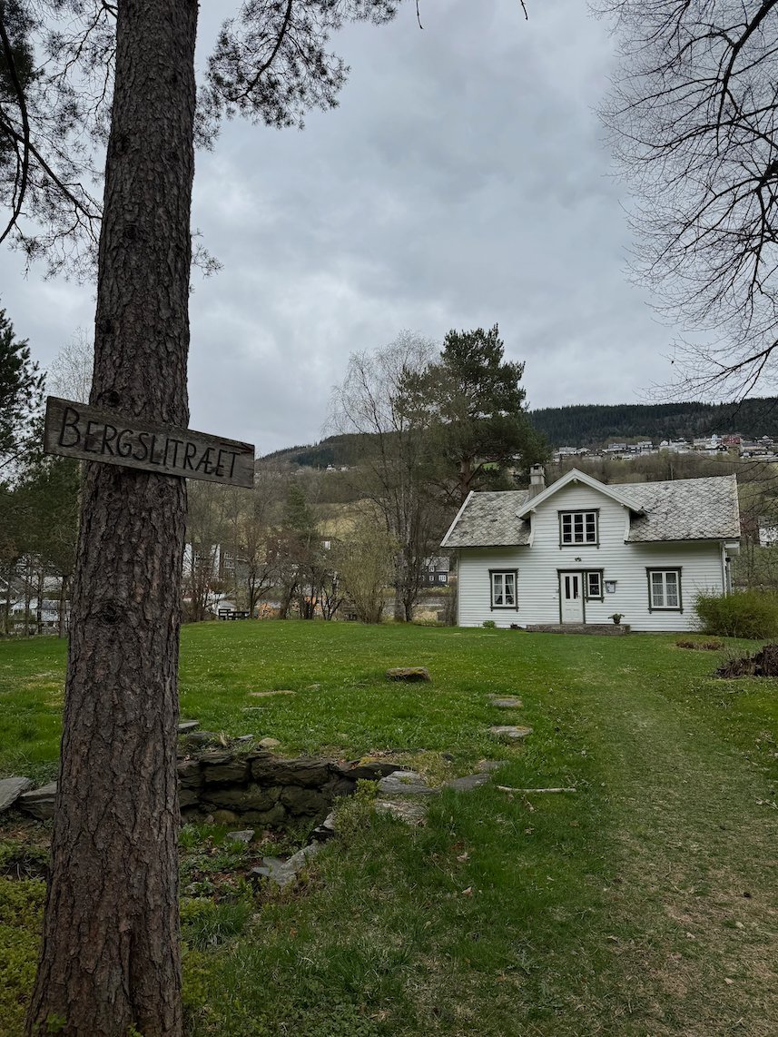 White wooden house among tall trees in Voss
