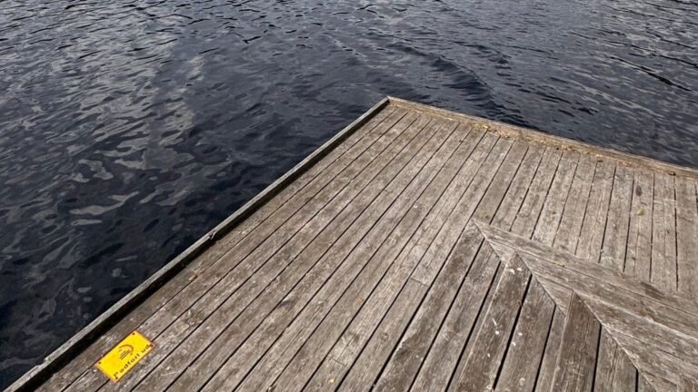 Weathered wooden jetty above dark rippling lake water