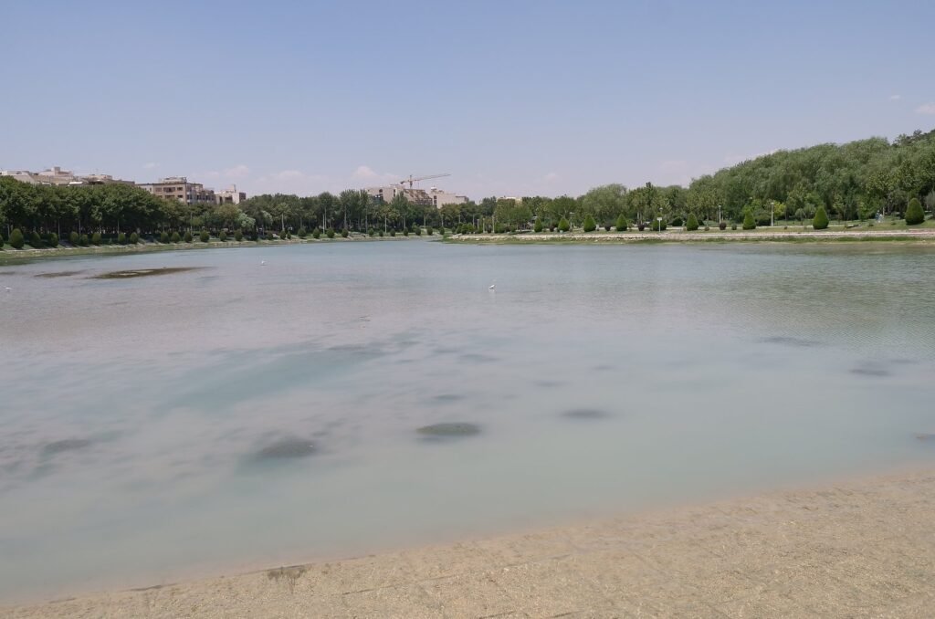 Low water in the wide Zayandeh River in Isfahan