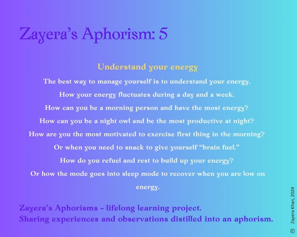Zayera's Aphorism 5: Understand your energy. Full text below the gallery.
