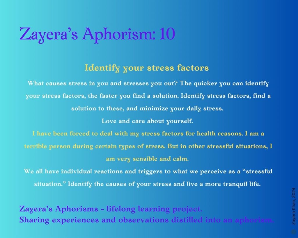 Zayera's Aphorism 10: Identify your stress factors. Full text below the gallery.