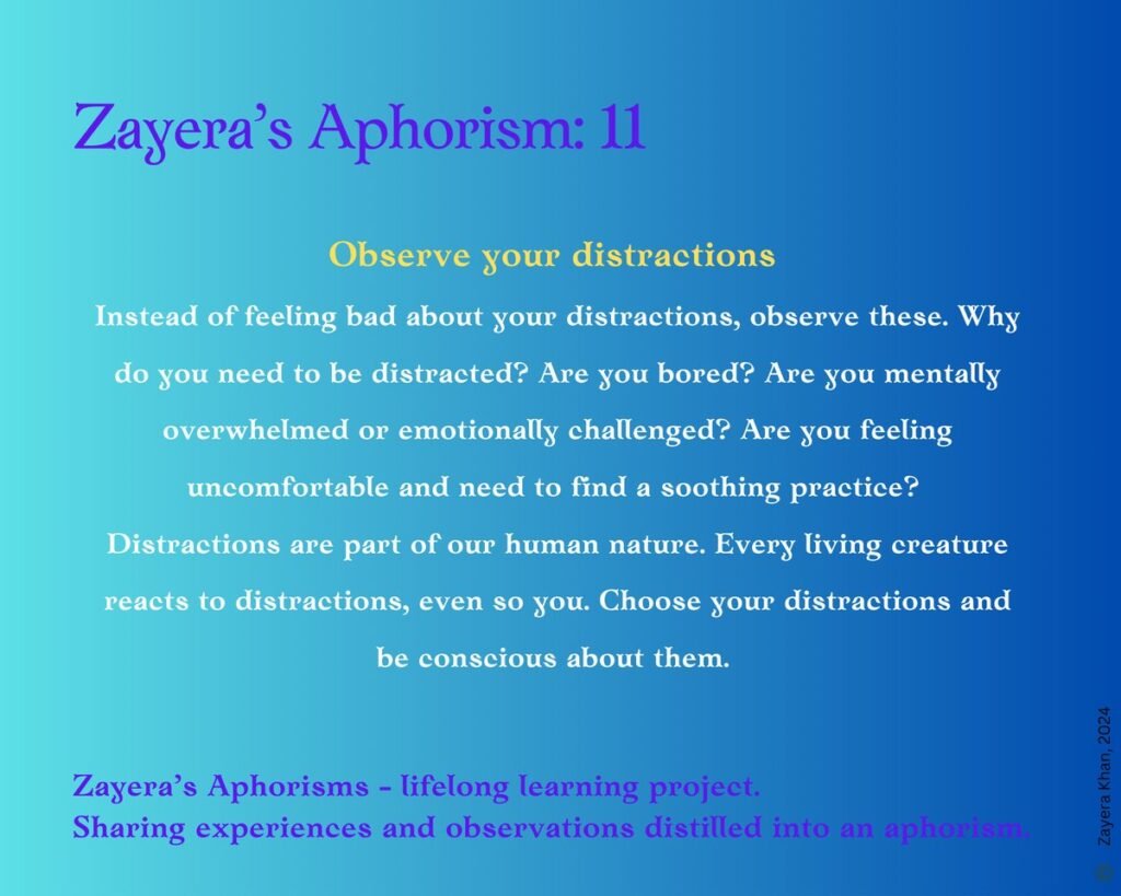 Zayera's Aphorism 11: Observe your distractions. Full text below the gallery.
