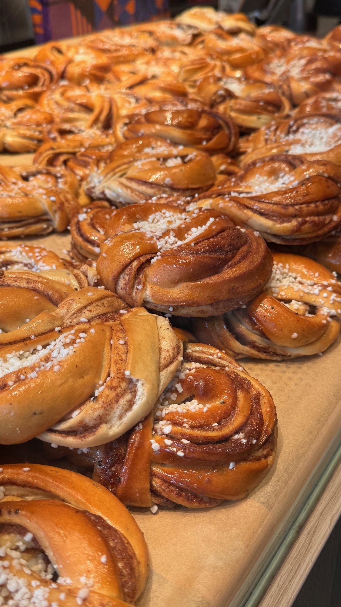 Rows of knotted cinnamon buns on a bakery counter.
