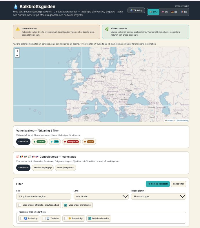 Map of Europe with a safety note and filters for water quality, land status, country and facilities.