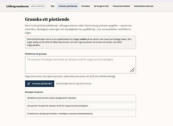Page with a text box for a political claim and three example claims to try.