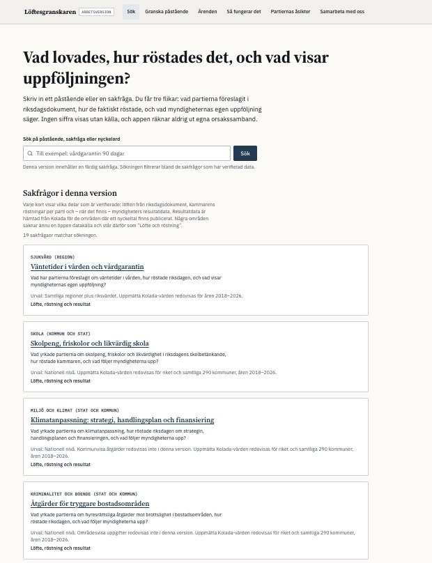 Search page with a list of political issues, including healthcare waiting times, school funding and climate adaptation.