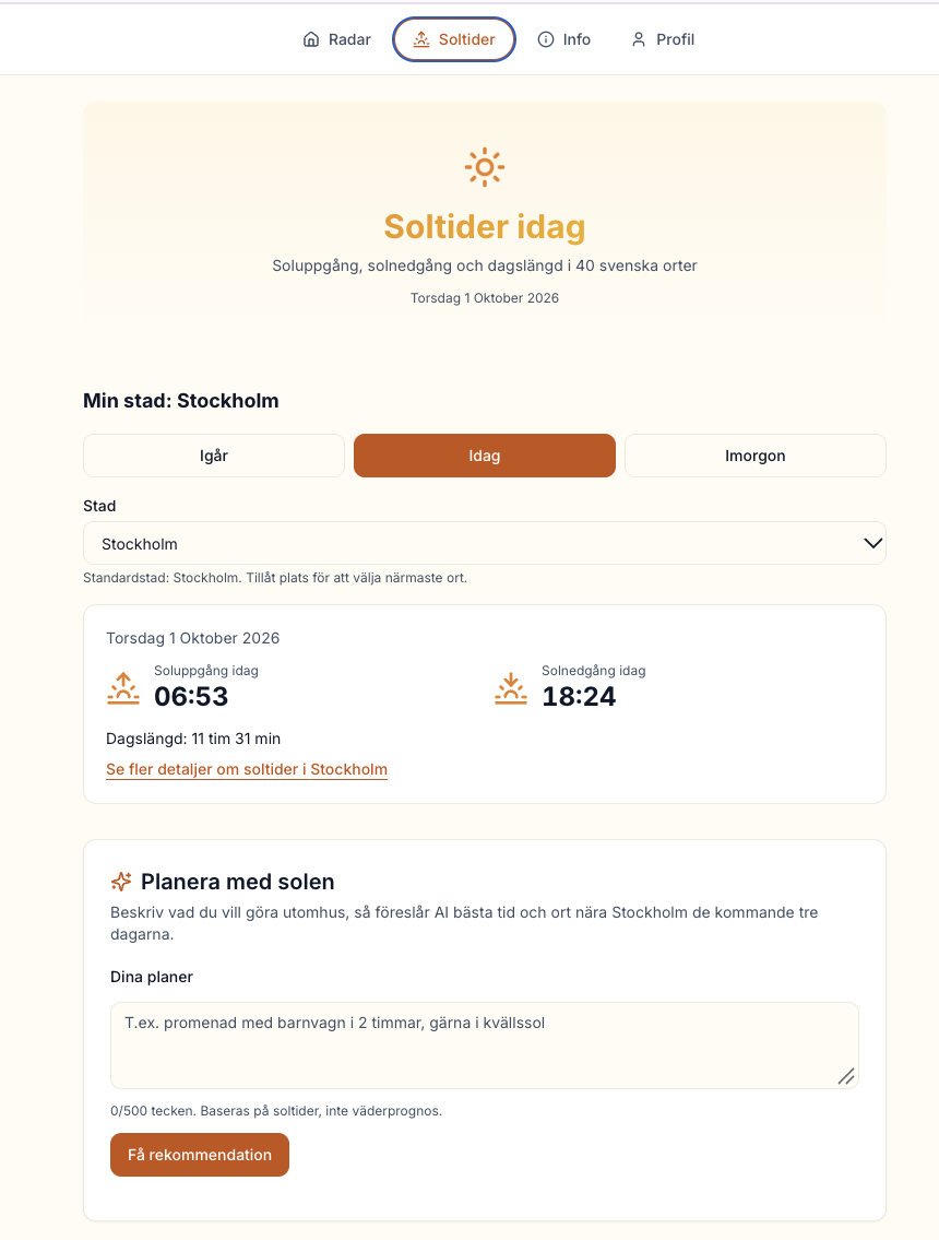 Sun times for Stockholm: sunrise 06:53, sunset 18:24, day length 11 hours 31 minutes, and a box to plan time outdoors with the sun.