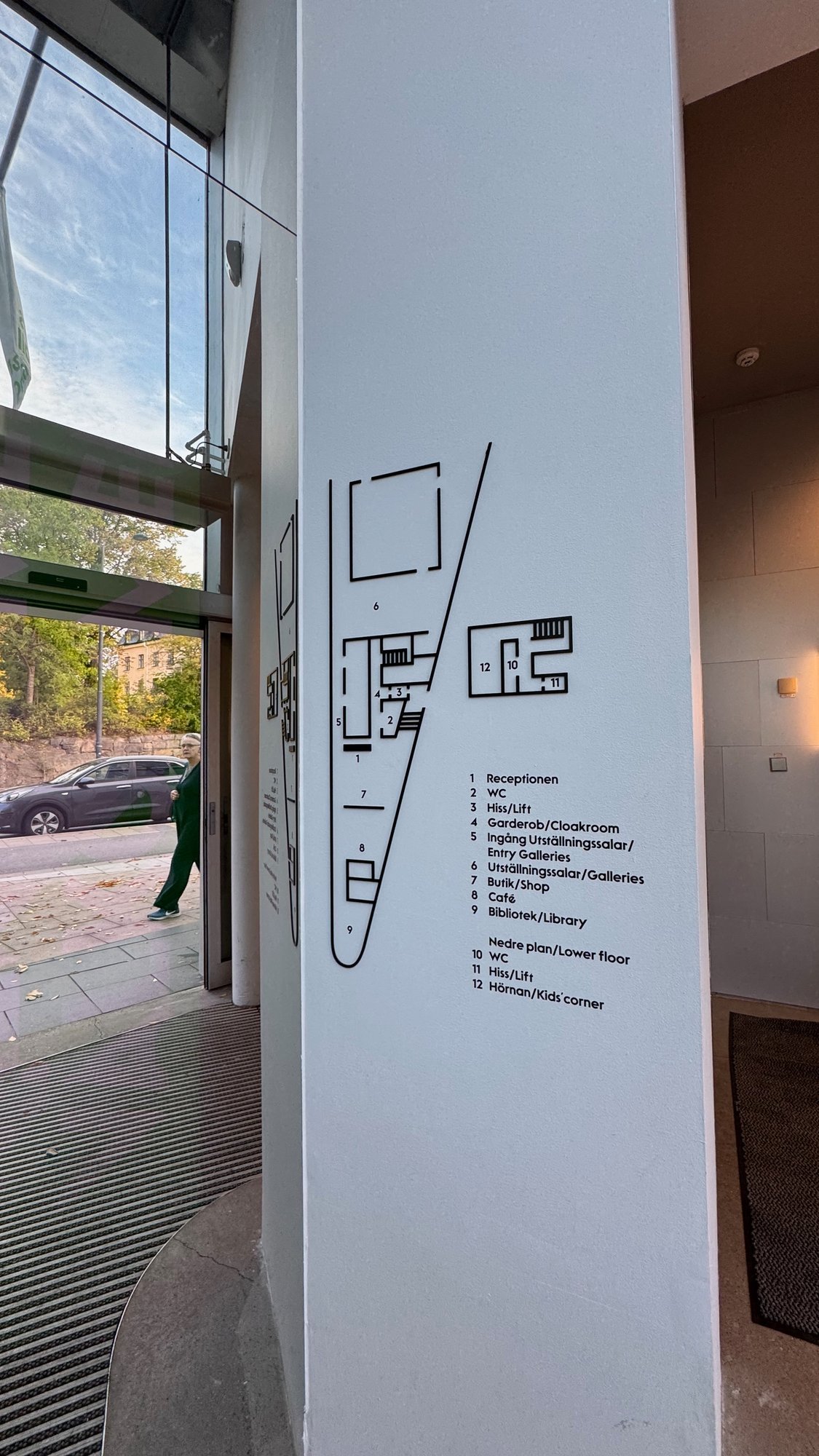 Floor plan on a white pillar at Bonniers Konsthall. The list in Swedish and English names reception, toilets, lift, cloakroom, galleries, shop, café and library, and on the lower floor toilets, lift and kids’ corner.